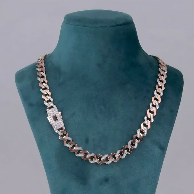 Cuban Link Chain Diamond Silver With Rose Gold