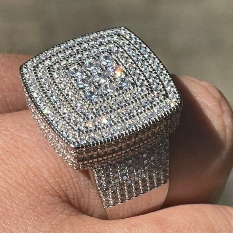 Iced Out Moissanite Ring 925 Sterling Silver Large Square