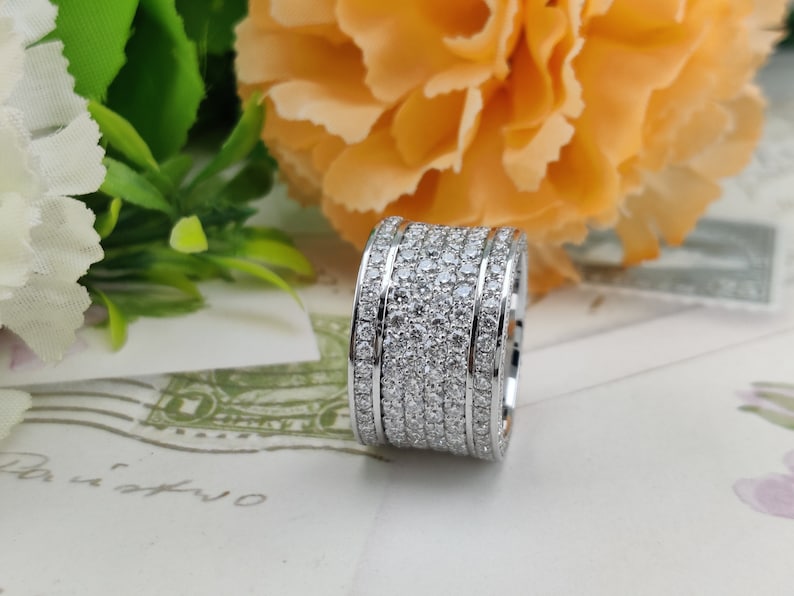 Round Moissanite Men's Iced Out Ring, Six layered Micro Pave Hip Hop Band