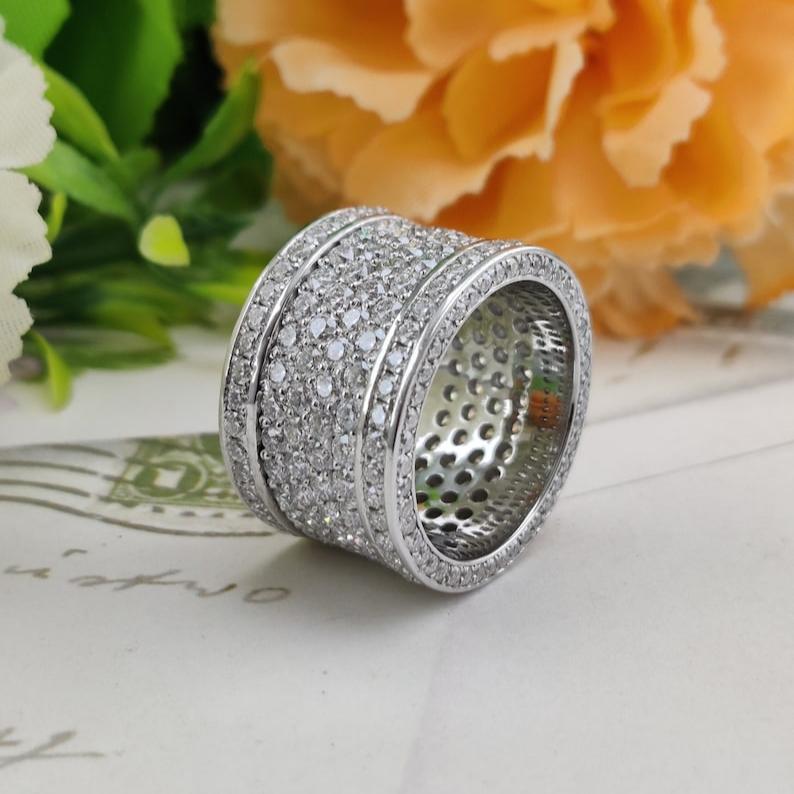 Round Moissanite Men's Iced Out Ring, Six layered Micro Pave Hip Hop Band
