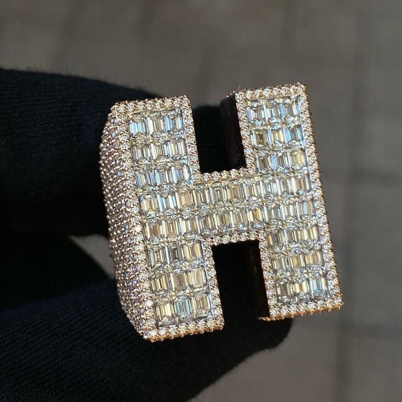 Ring Iced Out H Letter Moissanite 925 Silver Ring