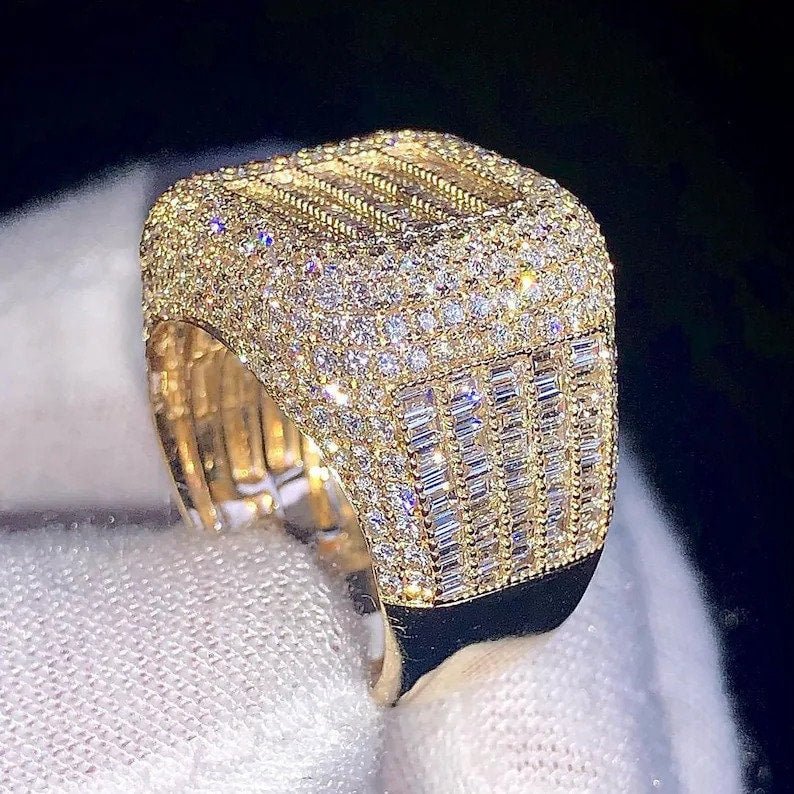 Customized Iced out Baguette Diamond Ring, Silver and Yellow Gold Custom Champion Ring