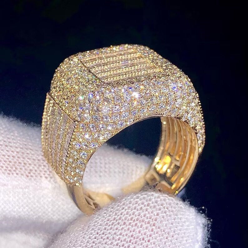 Customized Iced out Baguette Diamond Ring, Silver and Yellow Gold Custom Champion Ring
