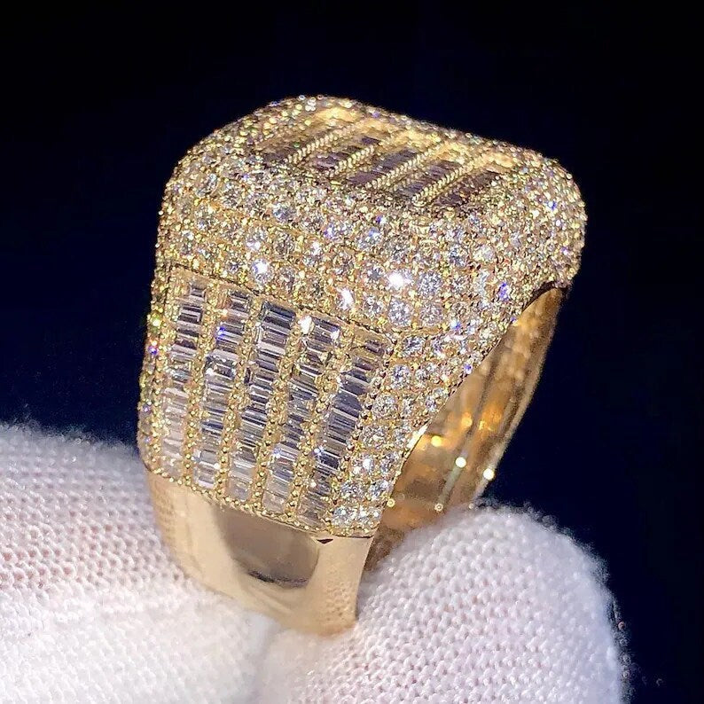 Customized Iced out Baguette Diamond Ring, Silver and Yellow Gold Custom Champion Ring