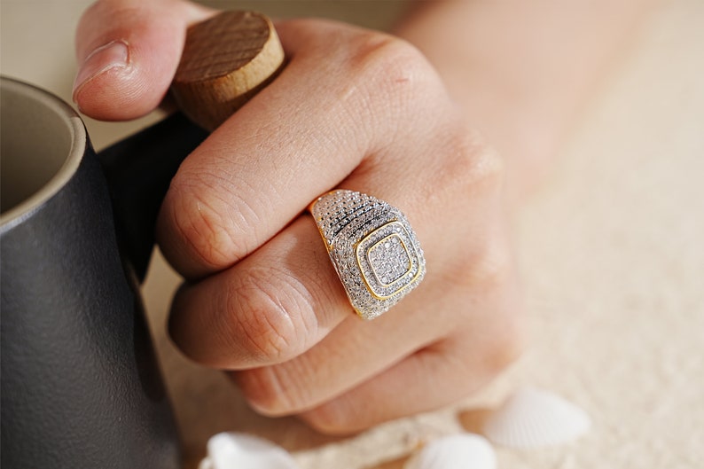 Square Iced Out Diamond Ring 925 Silver With Gold Plated