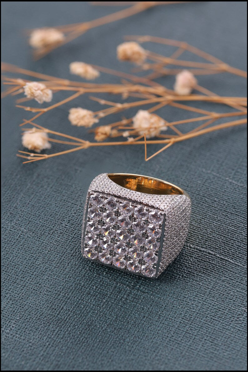 Iced Out Ring For Men Square Shape Yellow Gold Plated