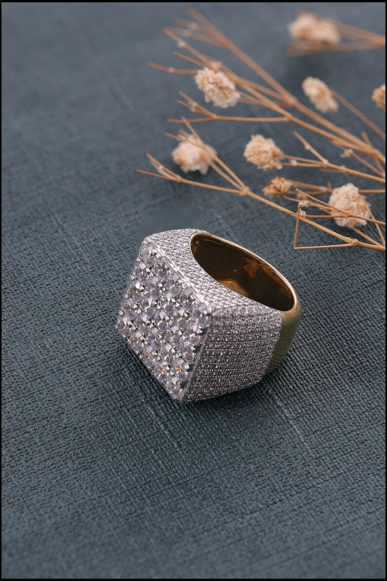 Iced Out Ring For Men Square Shape Yellow Gold Plated