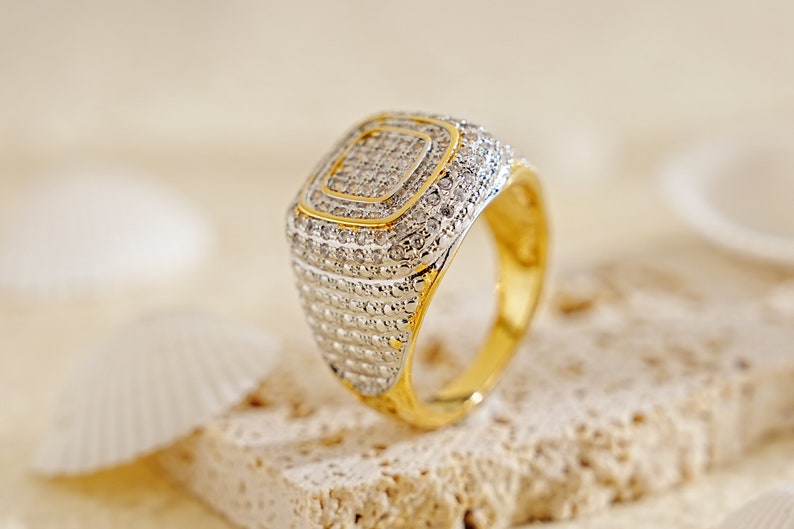 Square Iced Out Diamond Ring 925 Silver With Gold Plated