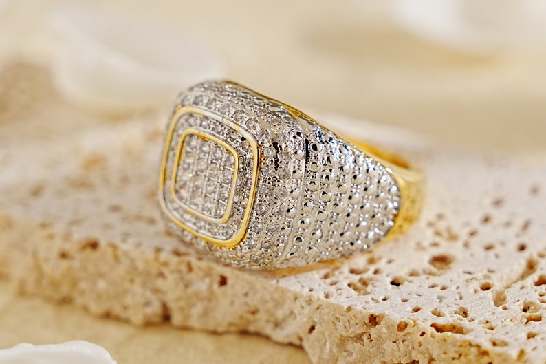 Square Iced Out Diamond Ring 925 Silver With Gold Plated