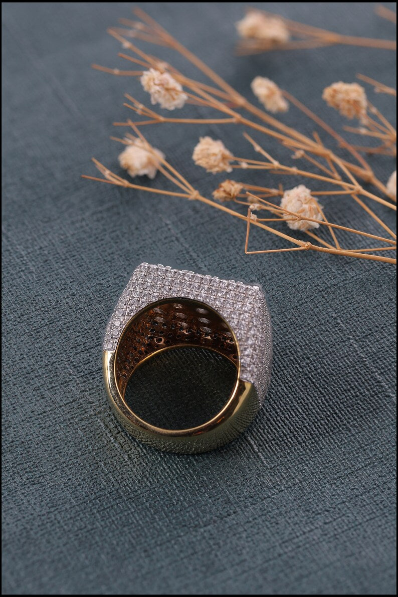 Iced Out Ring For Men Square Shape Yellow Gold Plated