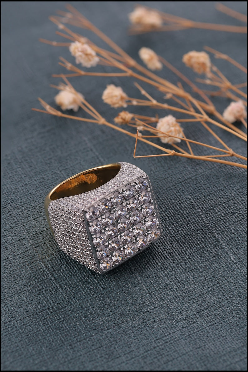Iced Out Ring For Men Square Shape Yellow Gold Plated