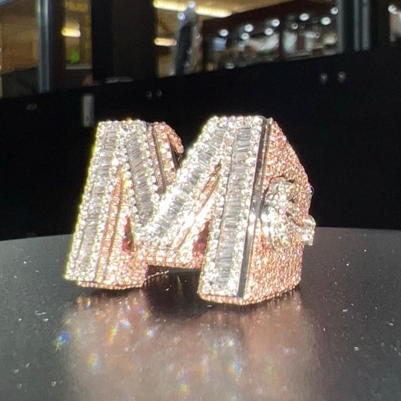 Iced Out Diamond Ring M Letter Rose Gold Ring