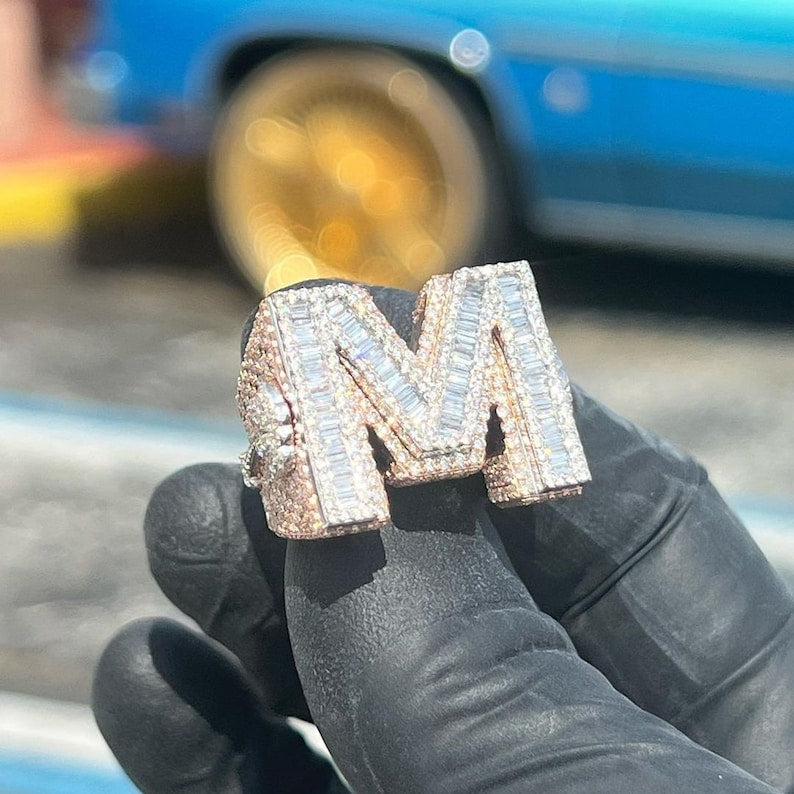 Iced Out Diamond Ring M Letter Rose Gold Ring