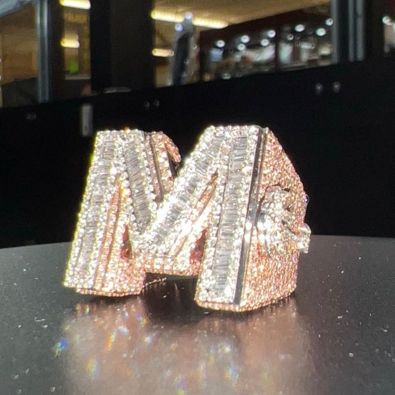 Iced Out Diamond Ring M Letter Rose Gold Ring