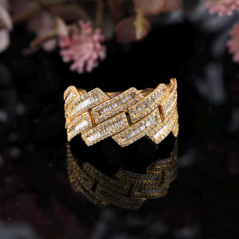 Silver And Yellow Gold Cuban Ring | 1.40 Carat Cuban Diamond Ring | Baguette & Round Diamond Cuban Ring