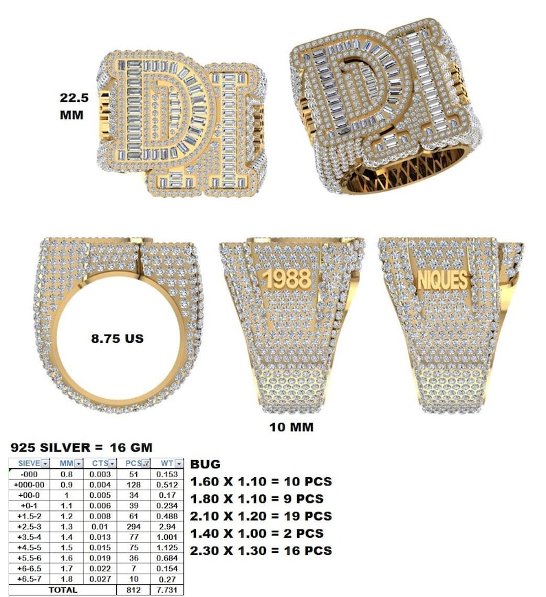 Custom Name Letter DH Ring Men Ring Full Iced Out Ring